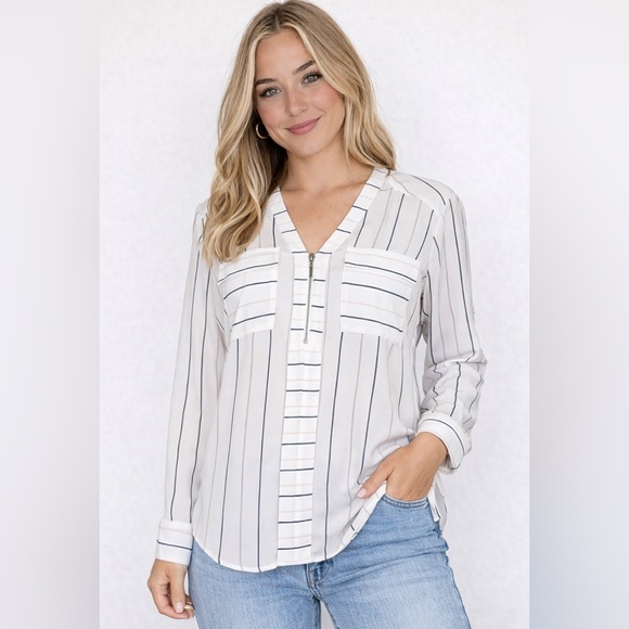 Express Tops - Express Women's White Striped Long Sleeve Blouse